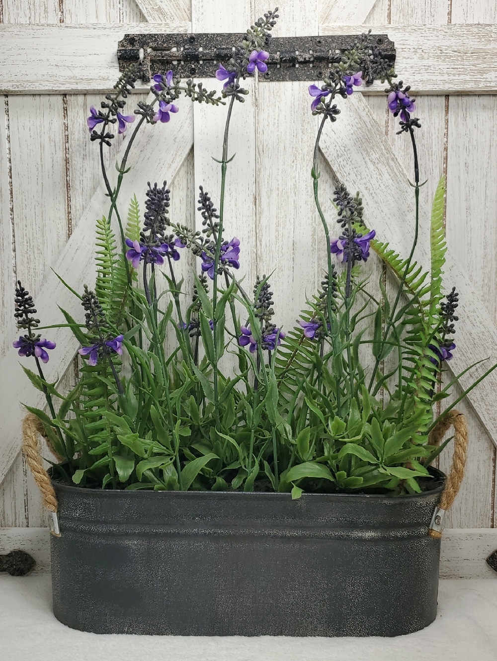 Faux Floral Lavender Fern Arrangement in Metal Planter with Rope Handles